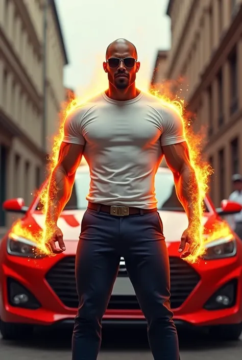 Please, Create an image of the Fire Man with a white t-shirt and dark blue pants . I want him to have a little brown skin, hairless and with a muscular physique. Besides, to wear some sunglasses. It is very important that there is a red Hyundai car behind ...