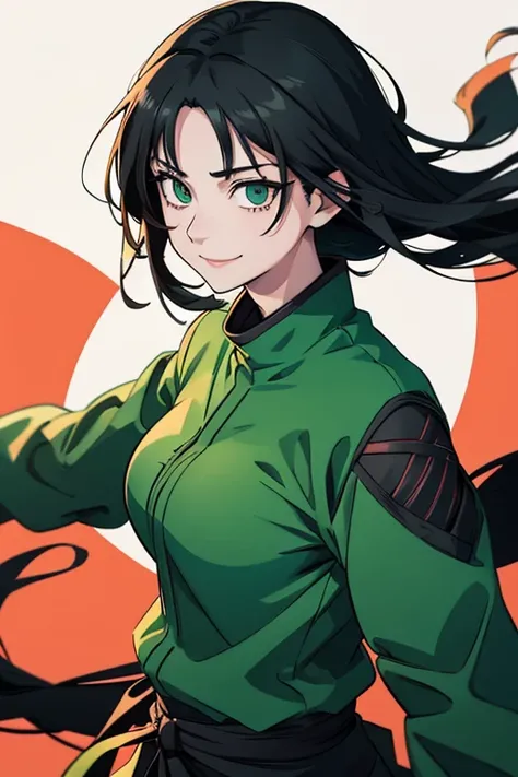 1 female in jujutsu kaisen , 2,green eyes , long black hair, smiling 