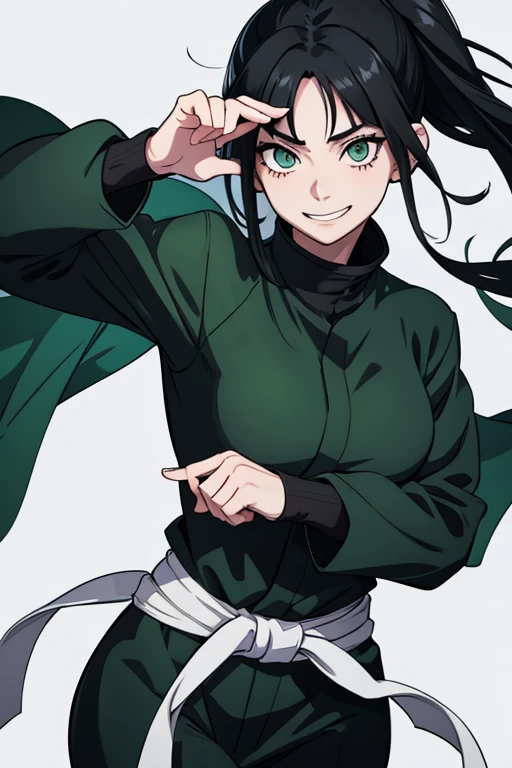 1 female in jujutsu kaisen , 2,green eyes , long black hair, smiling 