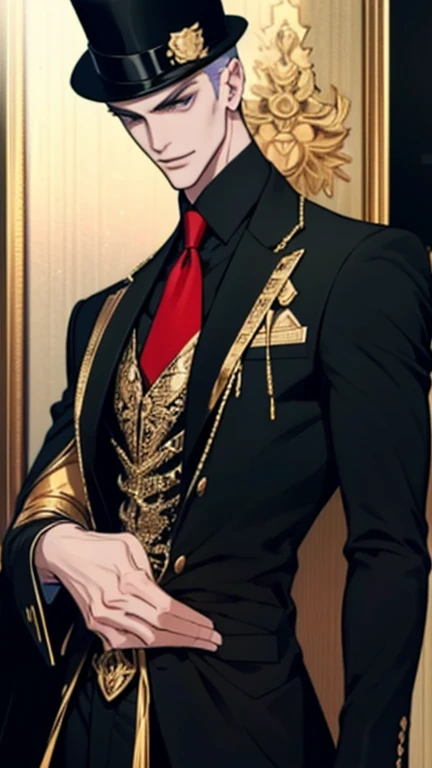 Tall Man,Slender,Long limbs,Model body type,Slim and muscular,Thin face,Stubble,Suspicious look,Unhealthy,The corners of his mouth are smiling.,Black suit and black hat,Gold decoration,Red innerwear,Character portrait,whole body