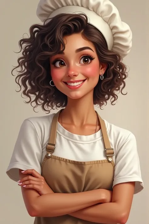 A young, plump baker woman with curly hair and a nice smile 