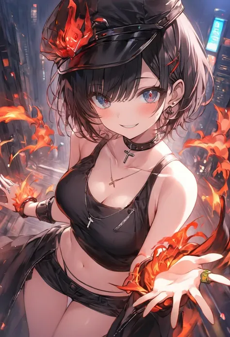 (uncensored), score_9, score_8_up, score_7_up,source_anime, high quality, exceptional, best quality, perfect hand, 1 girl, (solo), looking at viewer, detailed face, detailed eyes, smile, ((red fire on the hand)), (((short hair))), (dark), ((grey crop top))...