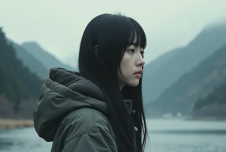 live-action、Real、Ink painting background、Beautiful Japanese Women、solo、Depression、Black Hair、Straight Hair、Mountain parka