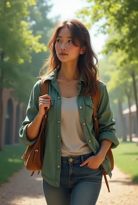 No image of a woman walking with a backpack, surrounded by trees or university buildings. Realism woman 