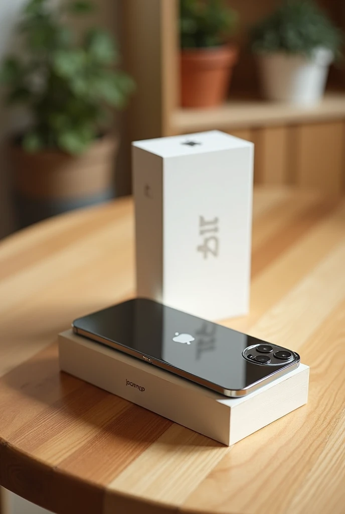 iphone 13 pro placed on a wooden table 
with box 