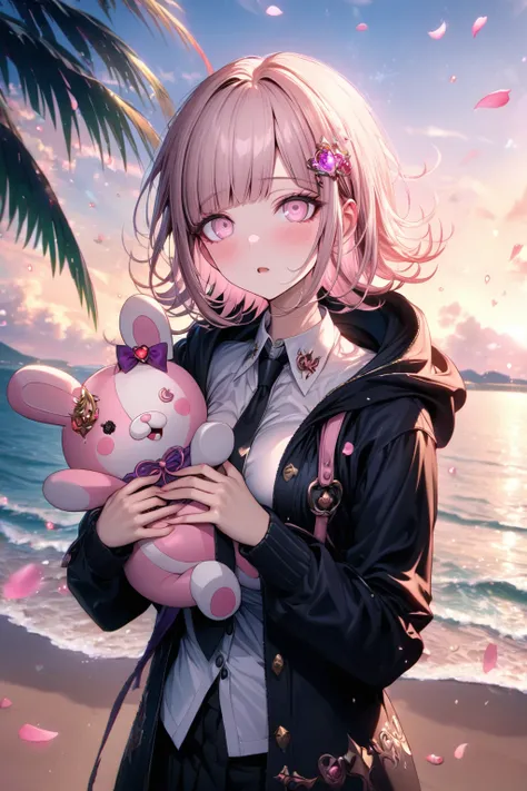 absurdres, highres, ultra detailed, HDR, master piece, Nanami Chiaki, light pink hair, short hair, expressive pink eyes, black coat with hoodie, purple scarf, white shirt, sexy woman holding a plushie of Monomi, best quality, Danganronpa 2, solo, fantasy, ...