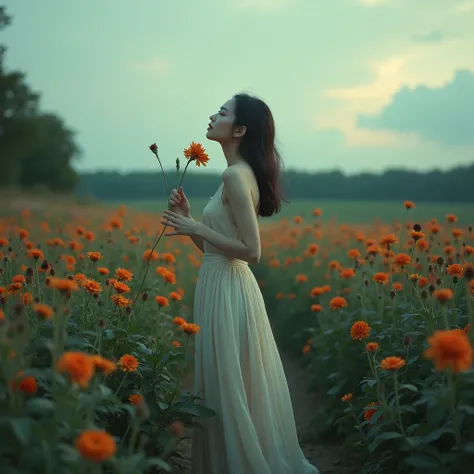 "A beautiful woman stands in the middle of a vast flower garden, surrounded by vibrant blooms, yet she holds a single wilted flower in her hand. She wears a flowing gown, her attire elegant yet simple, blending with the natural surroundings, and she gazes ...