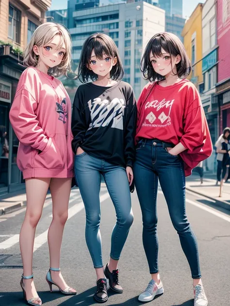 Best Quality, Super detailed, (Ultra-high resolution,8k), Ultra-high definition 4K, Three diverse young women, each with a unique style, standing in front of a graffiti-covered wall. One is a K-pop idol in a colorful stage outfit, another is a skater girl ...