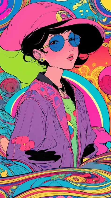 girl with short black hair, wearing sunglasses, in loose hippie style clothes, trippy mushroom landscape, 90s retro poster style...