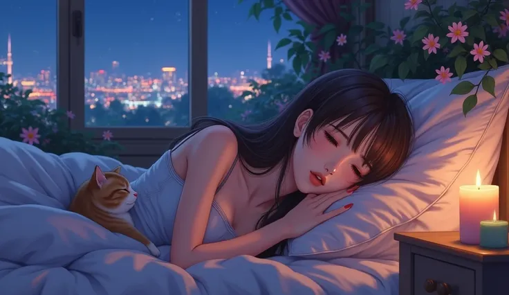 An anime drawing of a beautiful, stunning and sexy woman with brown hair. colorful lighting, beautifully detailed closed eyes, long eyelashes, beautifully detailed lips, girl sleeping, wearing stylish and modern pajamas.  dreamy atmosphere, soft pillows, c...