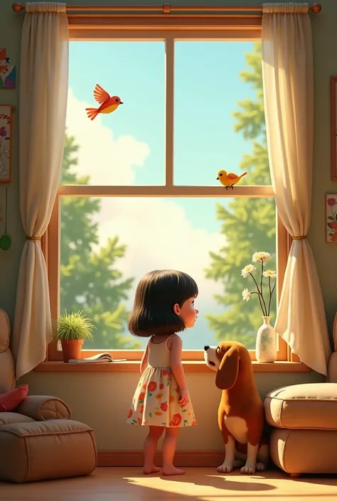 Pixar style,  with green eyes, pretty dress, the girl is at home, nordic style house, looking at the birds on the street through the window, next to beagle dog