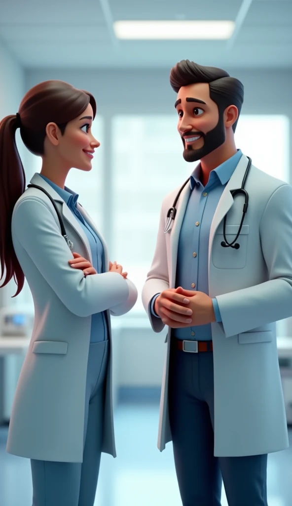 Close -up, man woman doctor standing and checking to man in the hospital 3D animation, wear attractive clothes shirts pants, smiling good figure,