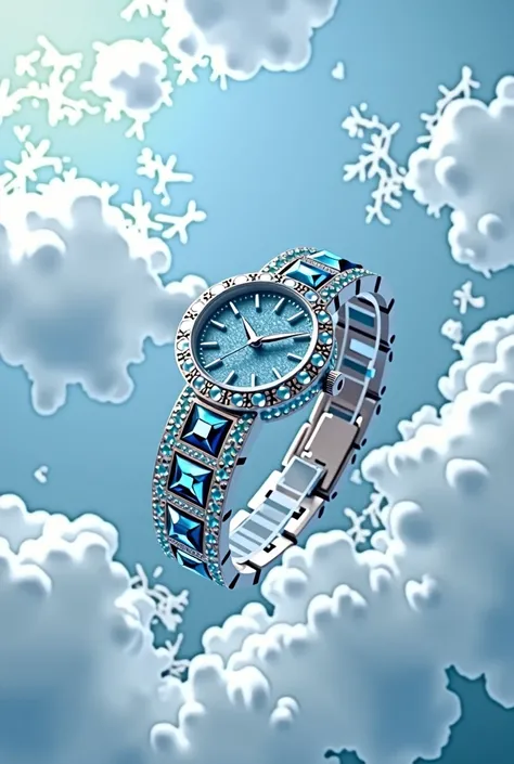 "Create a hyper-realistic image of a luxury female watch floating in mid-air against a soft azure blue background filled with detailed, fluffy white clouds. The watch should be intricately designed, studded with high-quality azure blue and white diamonds, ...