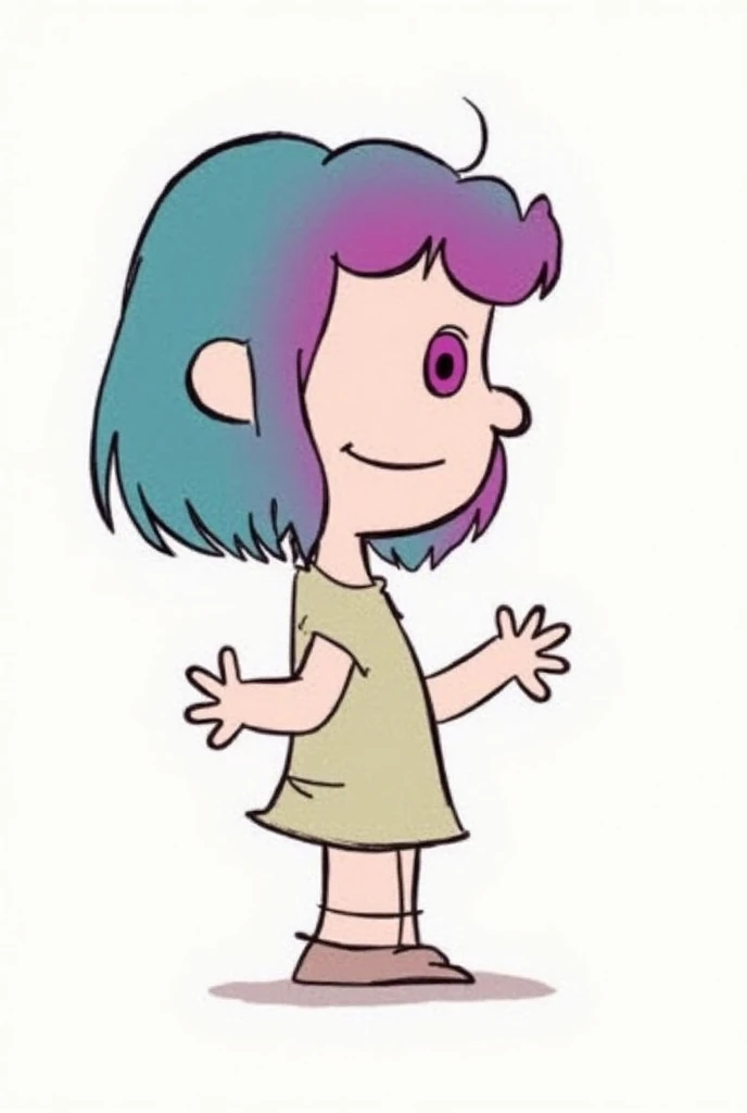 You can make a Charlie Brown comic style drawing of a girl in white clothes who also has long hair and the colors of her hair, First on the top, just turquoise, without any other color,  Second, that it be a gradient with purple color and third, a gradient...