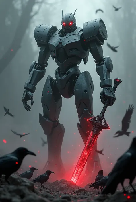 Make Robot with long sword and dark element, with horror vibes and lot of crow surronding make it more badass with red aura