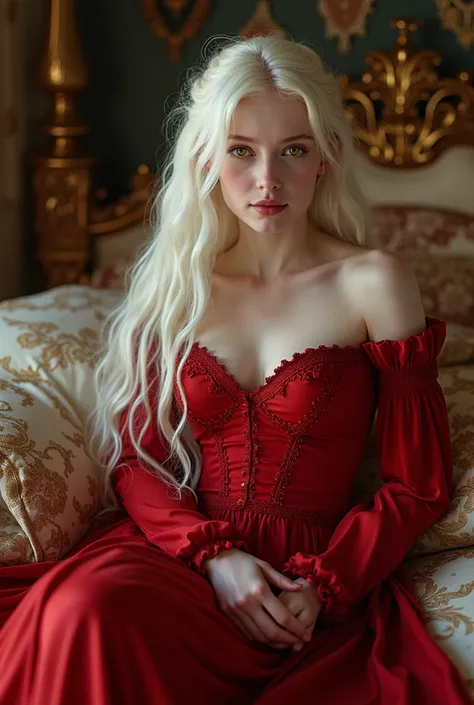  High resolution, hyper realistic,masterpiece, HD model, High details, quality, White hair, long hair, yellow eyes, breasts, smile, blush, smile ligera, A beautiful young European princess of 1 with pale skin and albinism is wearing a long red nightgown an...