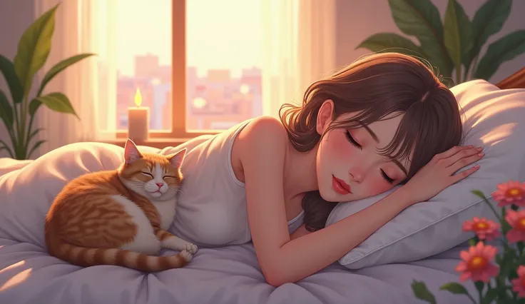 An anime drawing of a beautiful, stunning and sexy woman with light brown hair. colorful lighting, beautifully detailed closed eyes, long eyelashes, beautifully detailed lips, girl sleeping, wearing stylish and modern pajamas.  dreamy atmosphere, soft pill...