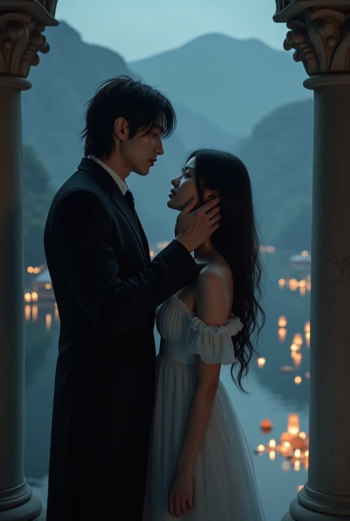 A dark, pale man in a black suit and black-haired modern, your hair is shoulder length, a lock of the man&#39;s hair falls over his face, the man is very tall and not Asian. In front of you, just a step away, there is a beautiful young Asian woman with lon...