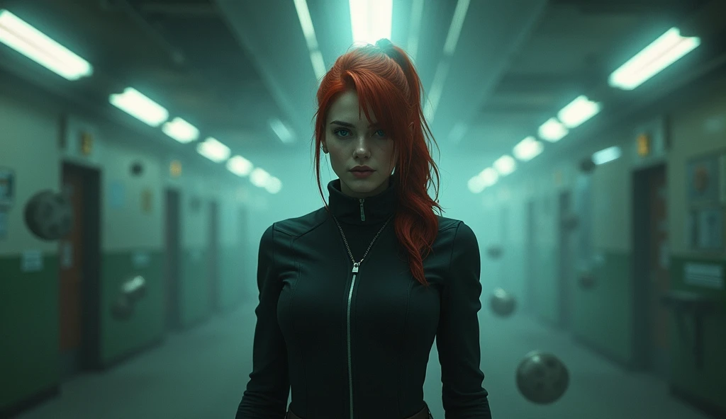 Portrait of Jesse Faden, the protagonist of &#39;Control&#39;, with ponytail and red hair, wearing a dark, modern outfit. She is in a room in a mysterious government building, surrounded by floating objects and an aura of telekinetic energy. The atmosphere...