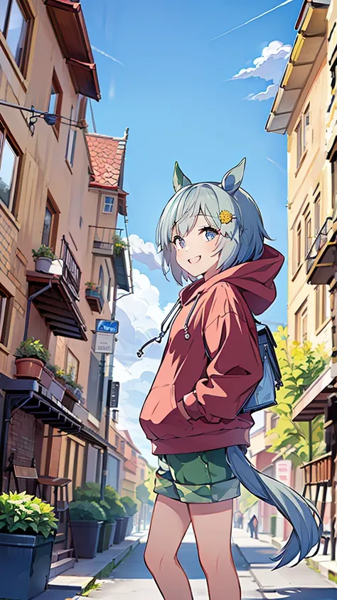 masterpiece, Best Quality, High resolution, Very detailed,(((Seiun Sky))), (((Horse Girl))), (((Standing at a distance))), (((Streetscape))), (((nature))), (((Red hoodie))), (((Shorts))), (((Plants))), (((blue sky))), (((smile)))