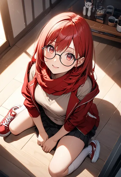 playful expression, long straight red hair,  round glasses, taupe blouse, red scarf, black and red jacket, cream skirt, white socks, black and red sneakers, , sitting pose, casual yet edgy style, looking directly, flawless skin, warm indoor environment, so...