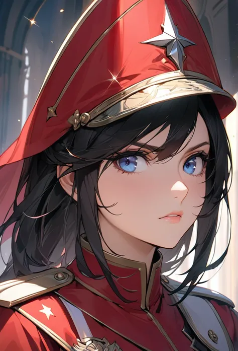 Upper body close-up（((masterpiece), on)"The female Imperial Guard gazes with sharp, confident eyes. Her calm and self-assured expression radiates strength and authority, with a subtle sparkle in her eyes showing her determination."