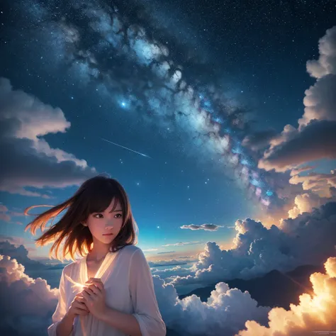 1 girl, eye, close, Beautiful night sky, Meteor Shower, Beyond the Clouds, Surrounded by water, reflection, Wide Angel, Breathtakingly beautiful clouds, Wide angle, by Makoto Shinkai, Thomas Kinkade, James Gillard, From holosomnialandscape, High resolution...