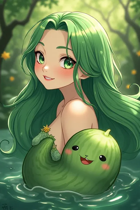 Cute illustration of a kappa maiden and a cucumber、High quality masterpiece, High detail, Very detailed, Very long hair, Best Quality, Green Hair