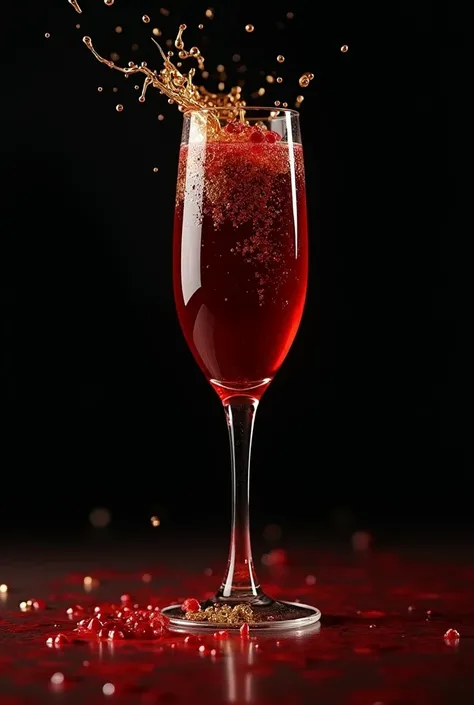 Create an image of a champagne glass overflowing with blood and gold on a black background
