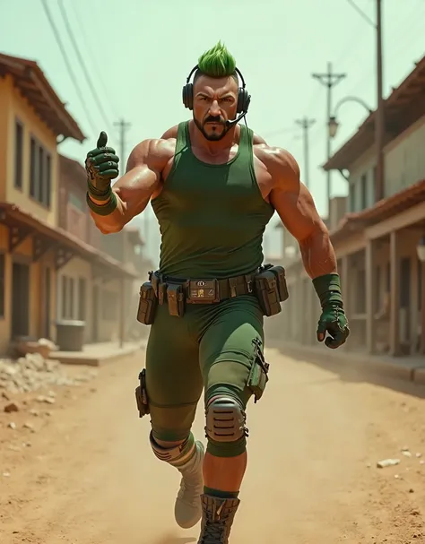 best quality, masterpiece, highres, 8k, 1man, early-thirties male, (two-tone hair, green hair, (dark brown hair), crew cut), full body, male focus, muscular, outstretched hand, perfect hands, pectorals, solo, wrestling outfit, green sleeveless sports t-shi...