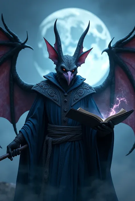 wizard, bat person, bat wings, moonlight in the sky, spell book in hand and a staff in the other, close up portrait, proud looking, nargacuga face, stoic, magic runes, magic, dark blue robes, lightning, mist, cloudy, bat beak