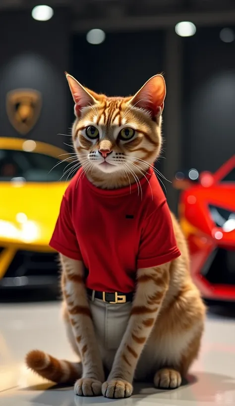 A brown cat wearing red t-shirt and white pant is watching at the Lamborghini showroom