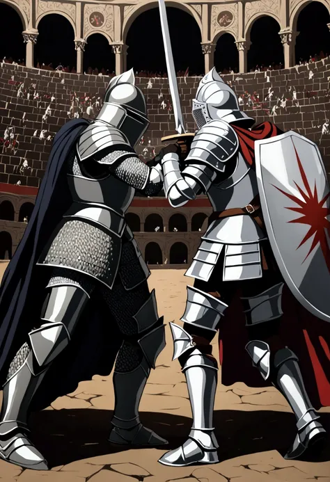 Knights in armor fighting in the coliseum, luta de knights, sword and shield, comparison, Black Armor, silver armor, knights, comparison, Violence.