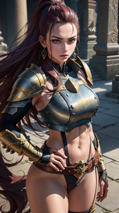 (work of art:1.2), (best quality:1.2), perfect eyes, perfect face, Volumetric lighting, 1 , tall warrior, a girl, athletic body, Long hair, pompadour cut, heavy armor, huge shoulder pads, gauntlets, layer, waist belt, spear, leather panties, stern expressi...