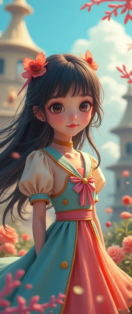 a cute anime-style girl with large expressive eyes, beautiful detailed face, long eyelashes, flowing hair, wearing colorful outfit, standing in a whimsical fantasy landscape, vibrant colors, digital art, highly detailed, 8k, photorealistic, masterpiece, pe...