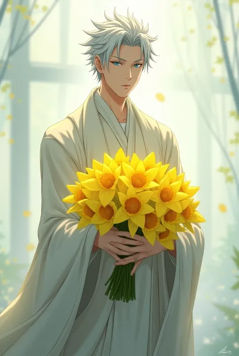 Gojo Satoru giving away some yellow flowers 