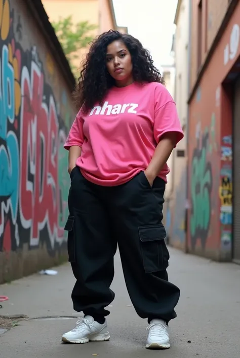 A lightly chubbysize woman Standing on the middle of the Street wearing Oversize PINK t-shirt with the text NHARZ and a black baggy pants with side pockets,white sneakers,SUPER LONG HAIR the side of the street is a wall full of vandalism,3D RENDERING