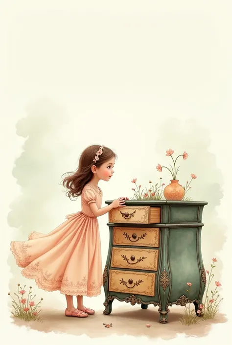 Picture book、Templates、elegant, girl and magic chest of drawers, watercolor illustration style