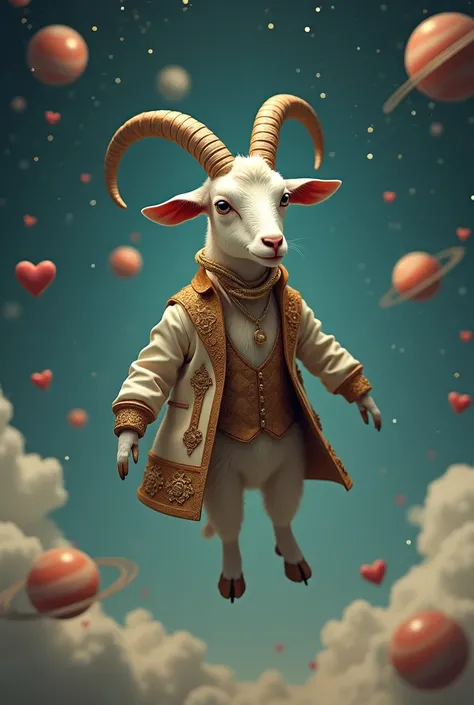 A goat in fancy clothes sporting gold floating in space with stars. He has a dreamy look, with planets and hearts around. and the title "You Make Me Float" appearing in a soft font in the background