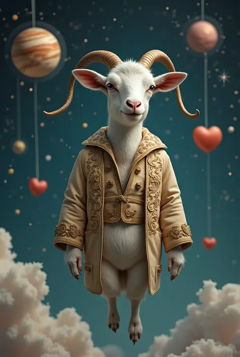 A goat in fancy clothes sporting gold floating in space with stars. He has a dreamy look, with planets and hearts around. and the title "You Make Me Float" appearing in a soft font in the background