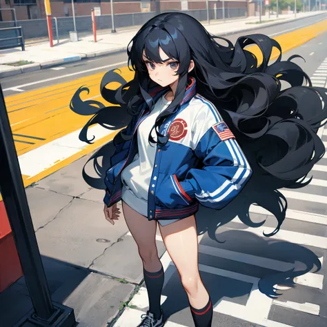 1female , Long Wavy Hair , Black Hair , Young Female , Olympic Letterman Jacket , Long , Blueish Black Eyes , Muscular , Standing on sidewalk , Serious Expression , Lean Build