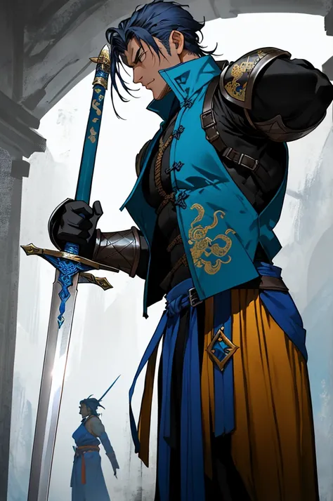 A male, muscular warrior with medium length dark blue hair stands in a fantasy market. He wears a blue shaolin vest, and  metalic blue greaves. His arms adorn a pair of blue metalic gauntlets . He is in a fantasy setting. He holds a colossal sword over his...