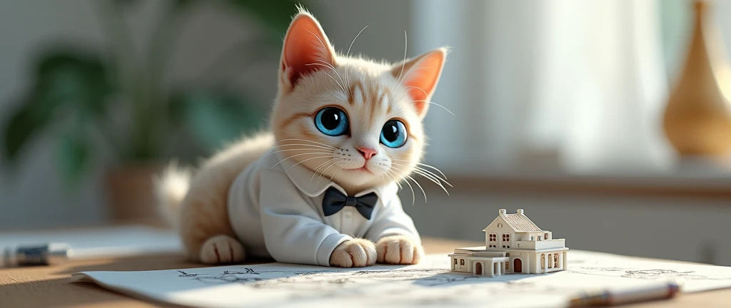 Best Quality、masterpiece、Theme：Architectural Design、A black deformed cat is doing a drawing、Anthropomorphic cat、Blue Eyed Cat、Clay art cat、Bow tie、White shirt、Gentlemanly Cat、Intelligent Cat、Design your own home、Cat House、Upload the drawing、