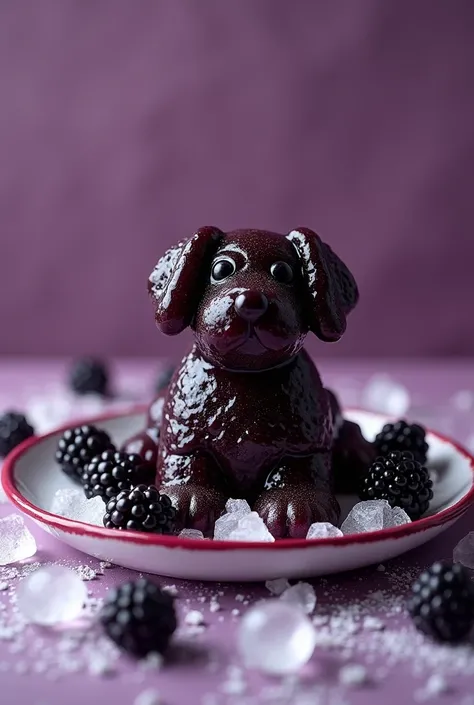 Blackberry jam with a dog shape on a plate and blackberries around with ice and purple background