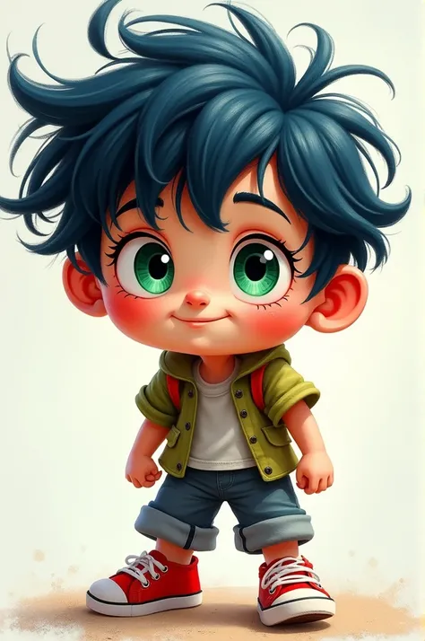 A boy with messy navy blue hair with green eyes and red sneakers