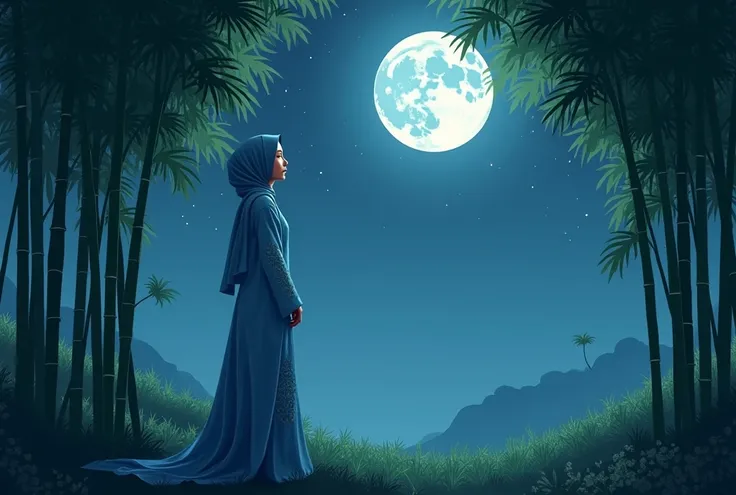 A Malay woman wearing a light blue baju kebaya and kerudung is standing under a thicket of bamboo trees on a clear night. A full moon can be seen in the sky whose light penetrates the bamboo leaves and illuminates the woman.