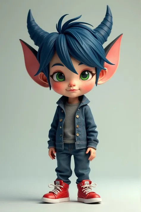 A boy with navy blue hair, ears, green eyes and red sneakers