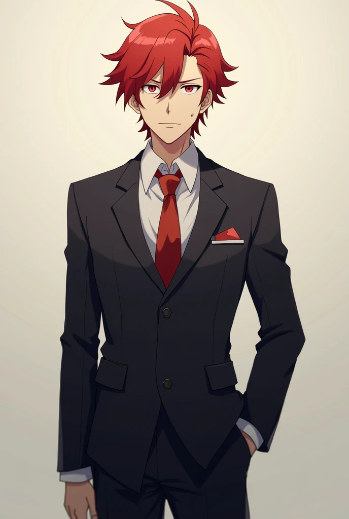 Kirishima Eijirō from the anime boku no Hero in an elegant suit and tied hair . Kirishima has red hair and red eyes., Also I should have my hair tied up. Kirishima has a scar on his right eye. 