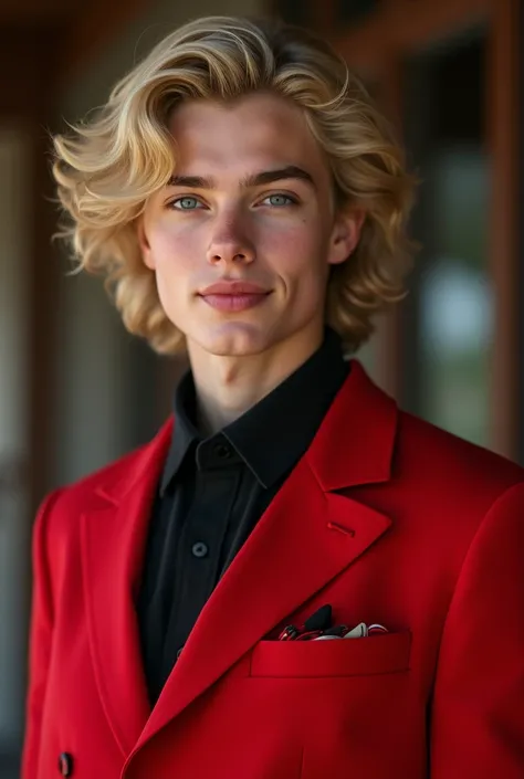 a ((sophisticated male)), teenage male, presenting elegance and proffesionalism, wearing a high quality red clothes and outstanding details, insipration from marilyn monroe. The male have a blonde wavy hair, and brown skin with elegance and formality. ((we...