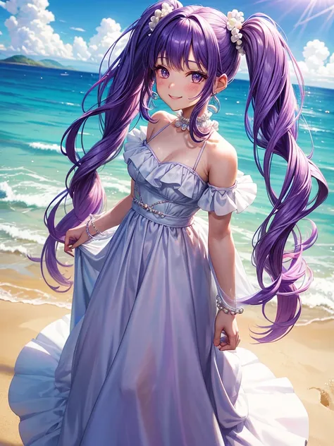 Super detailed, high detail, high quality, 1 girl, gradient purple hair, long twintails, Smile，Wear pearl jewelry，beach，Blue sky and white clouds，Fresh lilac long dress，Full body photo